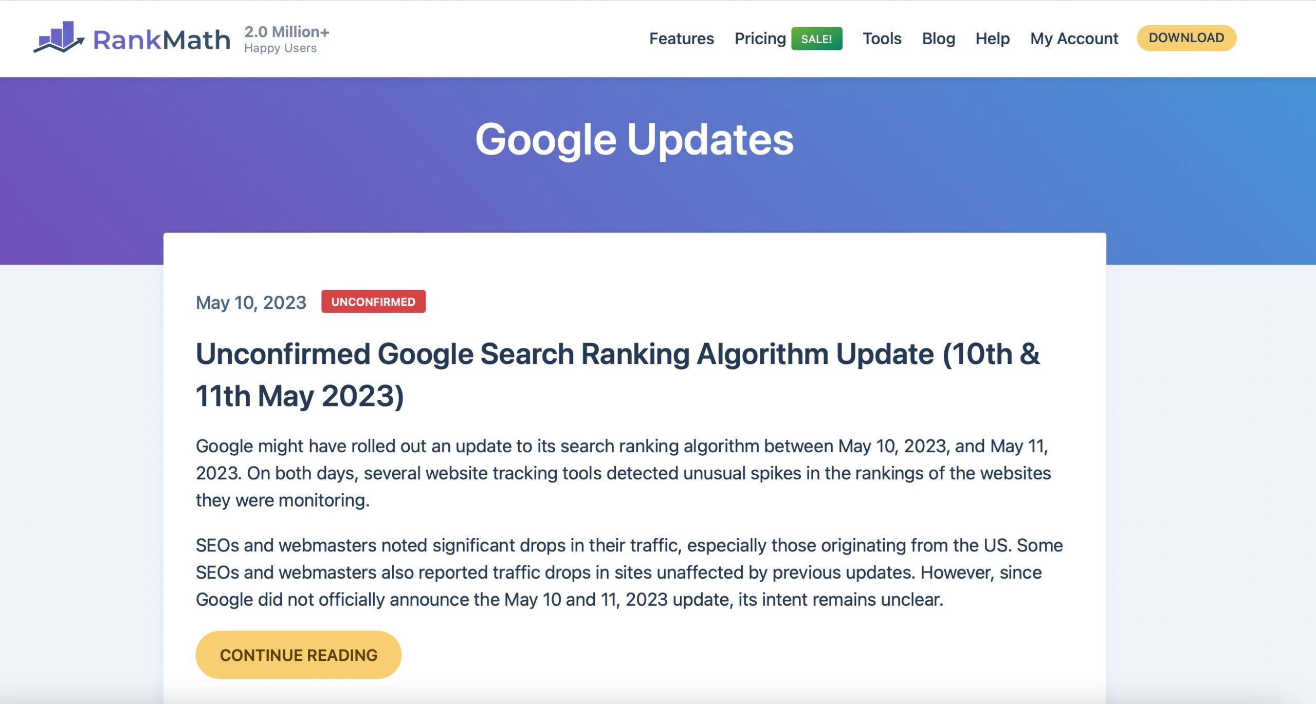 Google Update-Seite von Rank Math