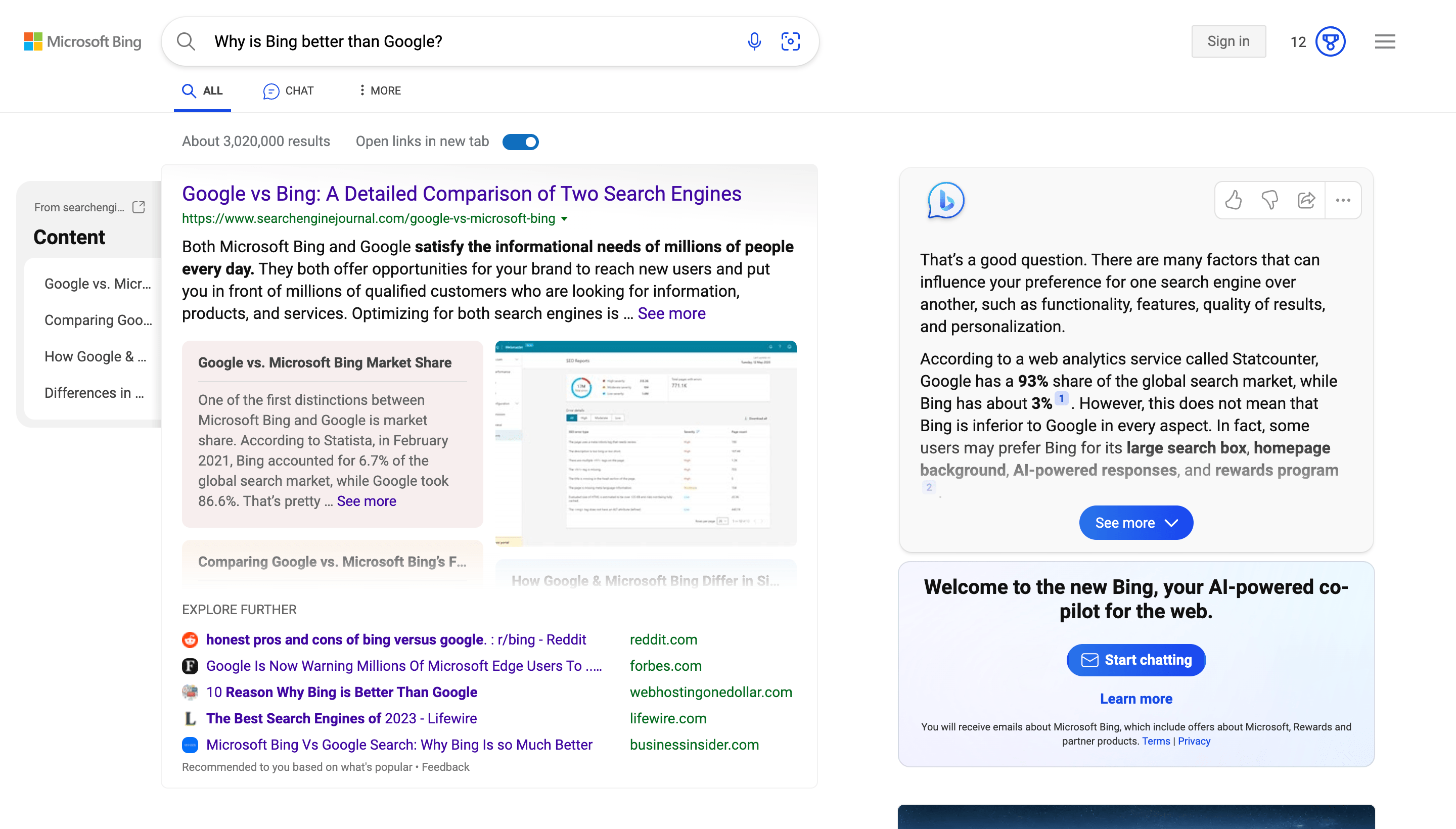Screenshot der personalisierten Suche von Bing