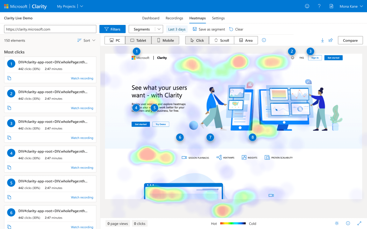 Microsoft Clarity'den ekran görüntüsü