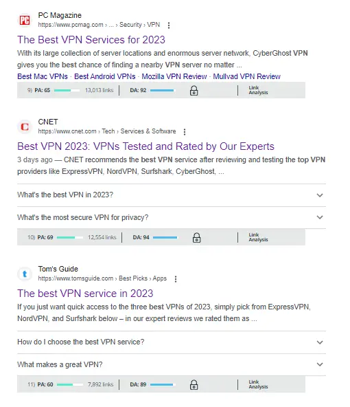Son derece rekabetçi bir VPN alanında üst düzey web sitelerinin etki alanı otoritesi ve geri bağlantıları