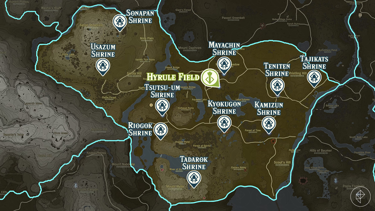 Zelda Tears of the Kingdom-kaart van de Hyrule Field-regio met gemarkeerde heiligdomlocaties