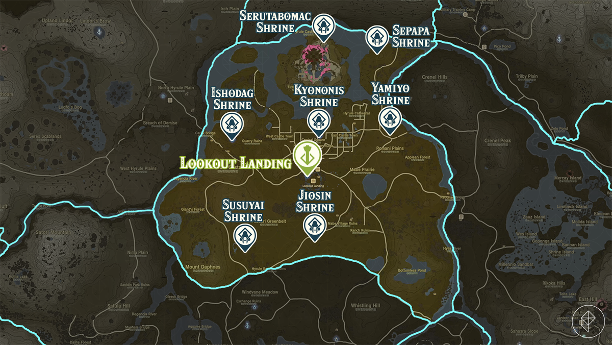 Zelda Tears of the Kingdom-kaart van de Lookout Landing-regio met gemarkeerde heiligdomlocaties