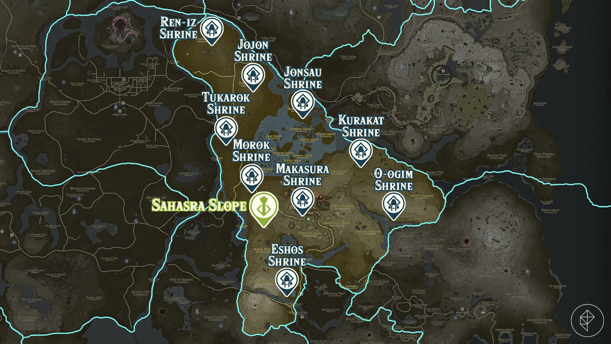 Zelda Tears of the Kingdom-kaart van de Sahasra Slope-regio met gemarkeerde heiligdomlocaties