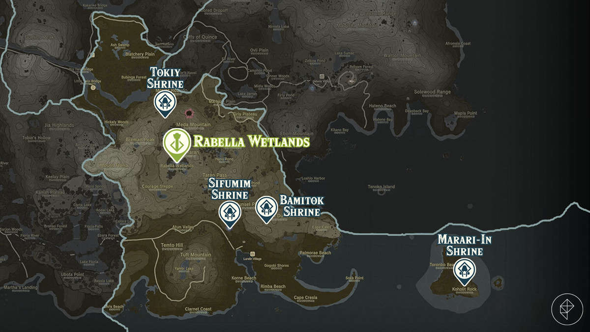Zelda Tears of the Kingdom-kaart van de Rabella Wetlands-regio met gemarkeerde heiligdomlocaties