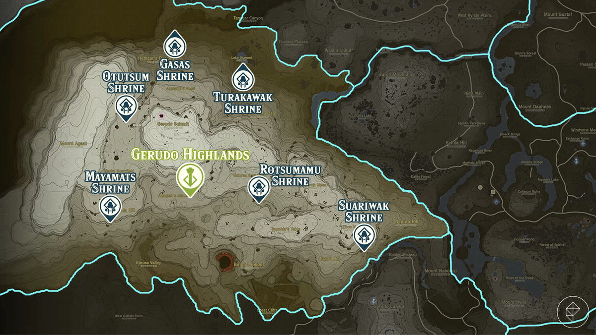 Zelda Tears of the Kingdom-kaart van de Gerudo Highlands-regio met gemarkeerde heiligdomlocaties