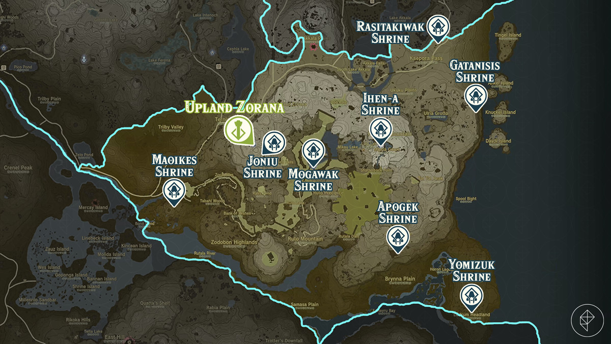Zelda Tears of the Kingdom-kaart van de Upland Zorana-regio met gemarkeerde heiligdomlocaties