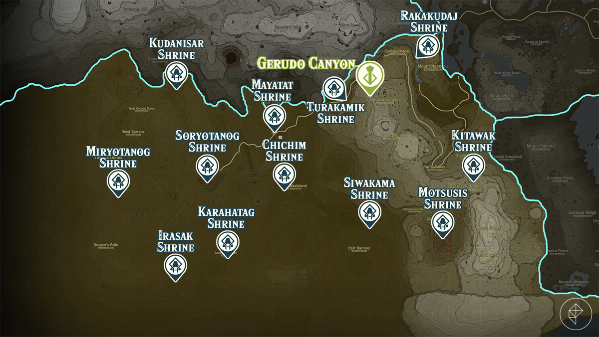 Zelda Tears of the Kingdom-kaart van de Gerudo Canyon-regio met gemarkeerde heiligdomlocaties