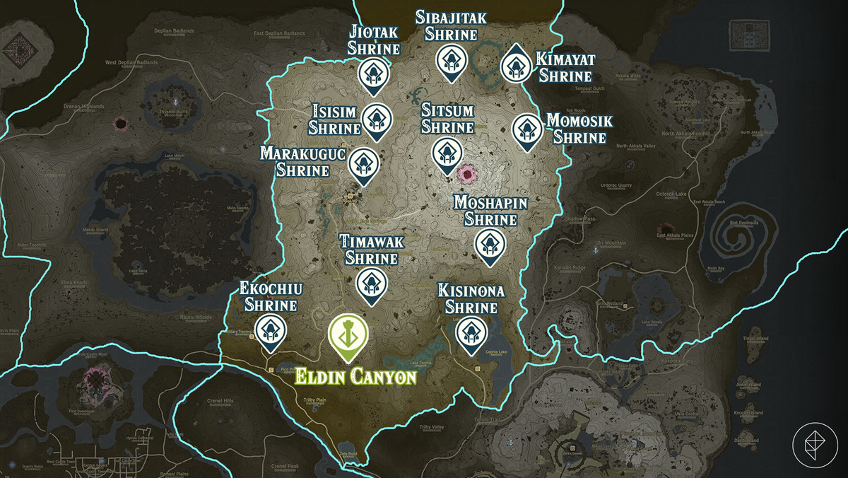 Zelda Tears of the Kingdom map of the Eldin Canyon region with shrine locations marked