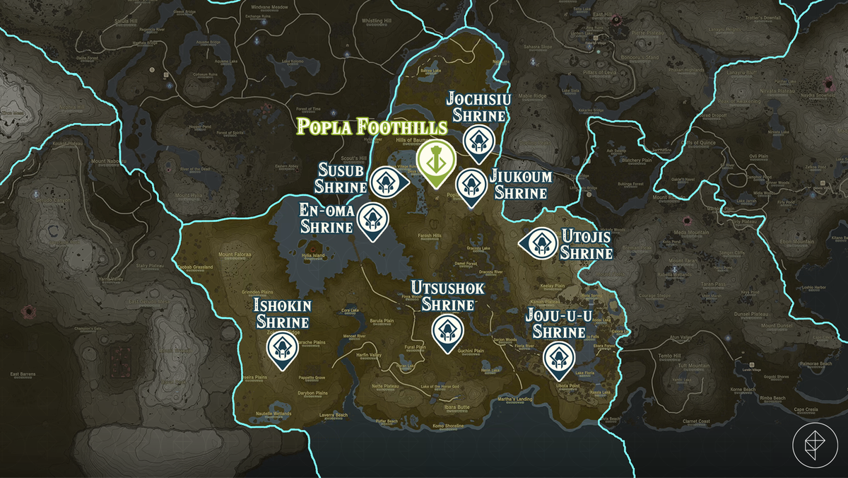 Zelda Tears of the Kingdom-kaart van de Popla Foothills-regio met gemarkeerde heiligdomlocaties