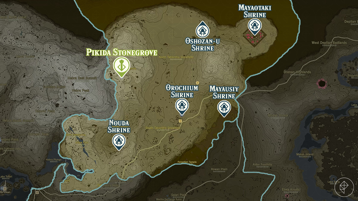 Zelda Tears of the Kingdom-kaart van de Pikida Stonegrove-regio met gemarkeerde heiligdomlocaties