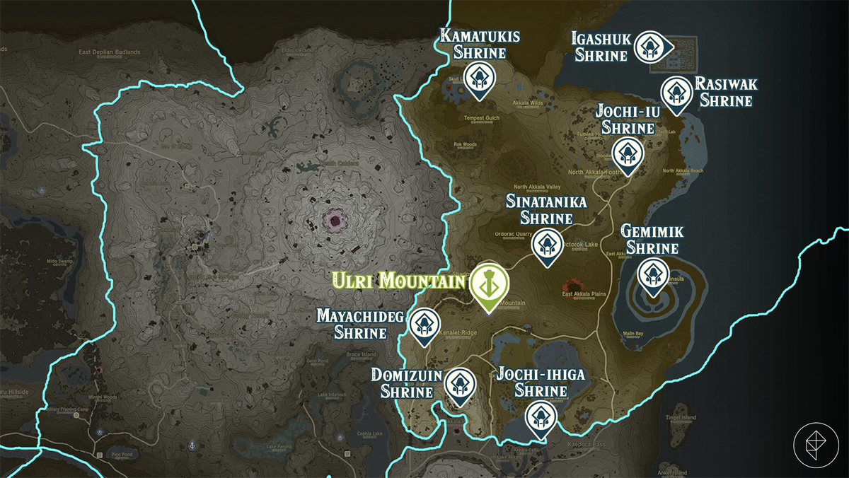 Zelda Tears of the Kingdom-kaart van het Ulri-gebergte met gemarkeerde heiligdomlocaties