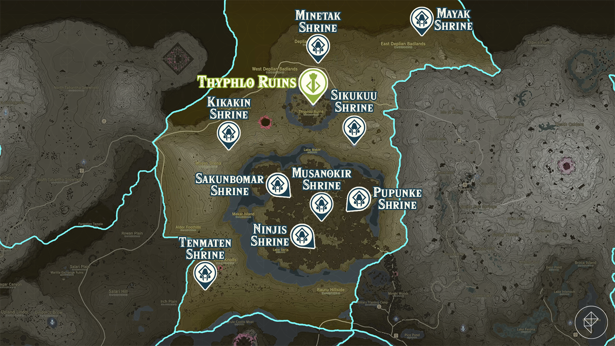 Zelda Tears of the Kingdom-kaart van de Thyphlo Ruins-regio met gemarkeerde heiligdomlocaties