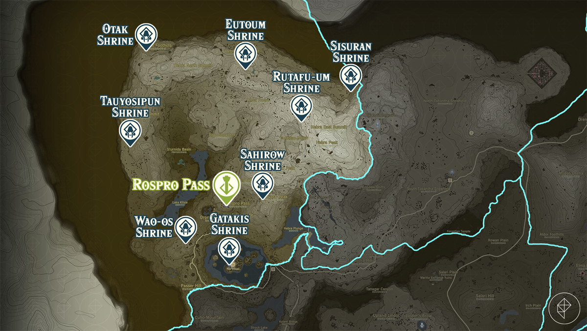 Zelda Tears of the Kingdom-kaart van de Rospro Pass-regio met gemarkeerde heiligdomlocaties