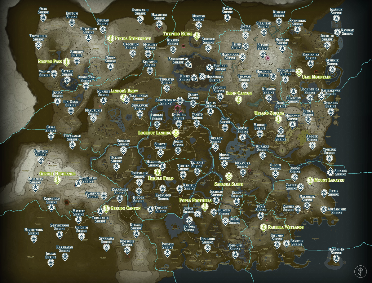 Zelda Tears of the Kingdom-kaart van de Surface-regio met gemarkeerde heiligdomlocaties