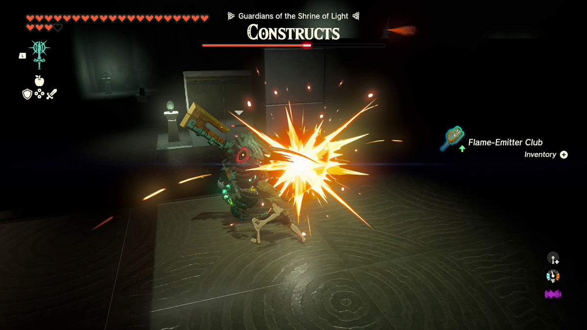 Flame-Emitter Club'ı bir Soldier Construct'ın elinden düşürdükten sonra Link, onu Simosiwak Shrine'da öldürücü bir darbe indirmek için kullanır.