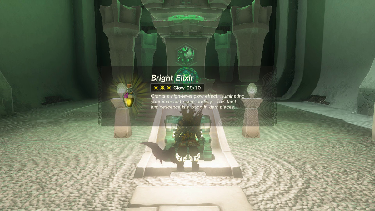 Link neemt een Bright Elixir in de kist aan het einde van Simosiwak Shrine