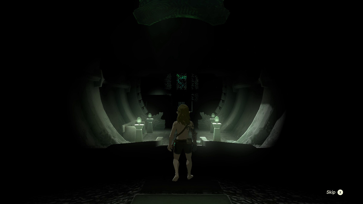 Link, ongewapend en in zijn ondergoed, staart in de schemerige hal van Simosiwak Shrine