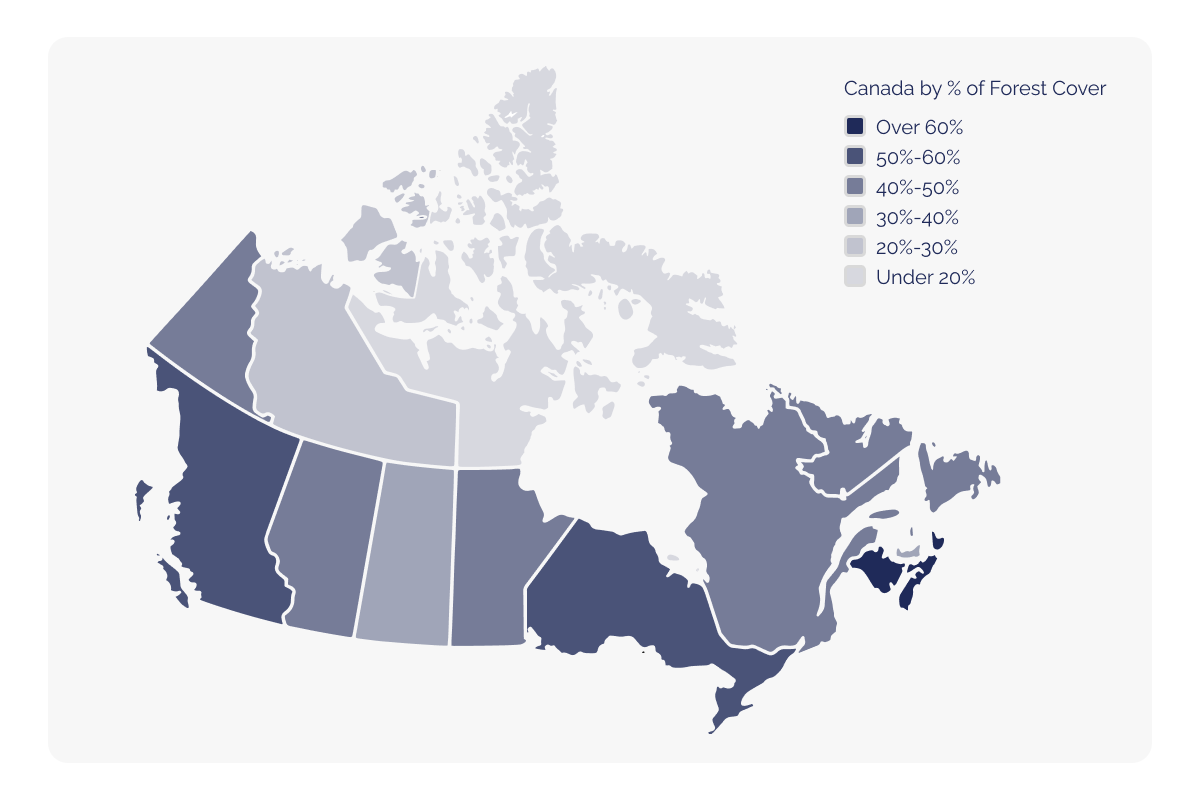 Duurzame bosbouwpraktijken in Canada_kaart van een bosareaalpercentage in Canada_visual 2
