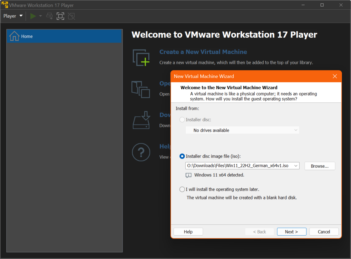 Ein neuer virtualller PC kann im Vmware Workstation Player auf Basis einer Setup-DVD o über ein ISO-Image eingerichtet werden.