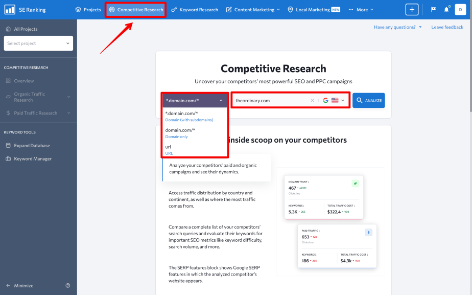 Homepage of the Competitive Research tool