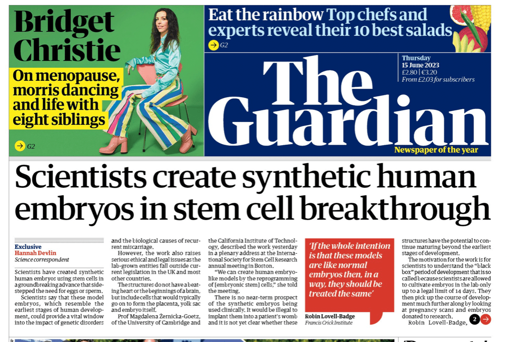 The Guardian blast on human embryo models or stembryos.