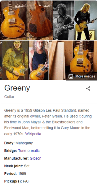 Ảnh chụp màn hình bảng tri thức của Google dành cho ghi-ta Greeny.