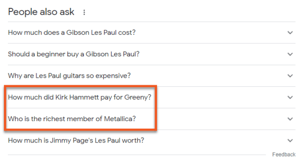 Ảnh chụp màn hình phần 'Mọi người cũng hỏi' trên tìm kiếm của Google hiển thị các câu hỏi liên quan đến 'Gibson Les Paul'