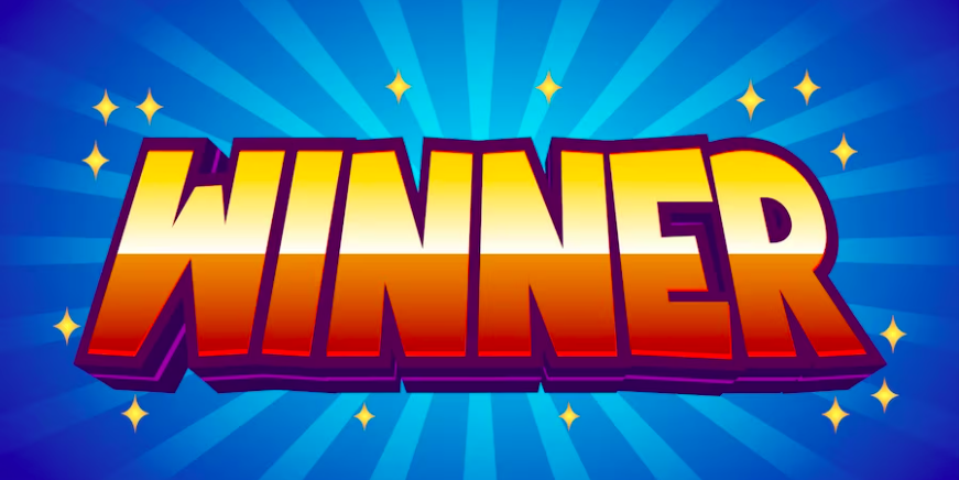 Image says "WINNER" in a blue background with glitters around. 