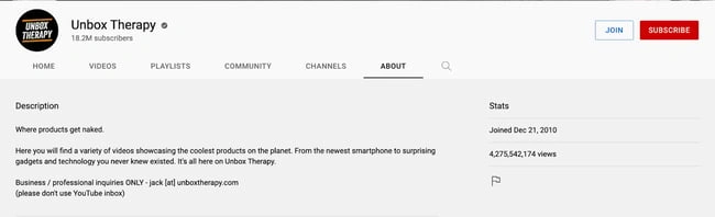 ejemplo de descripción de canal de youtube: terapia unbox