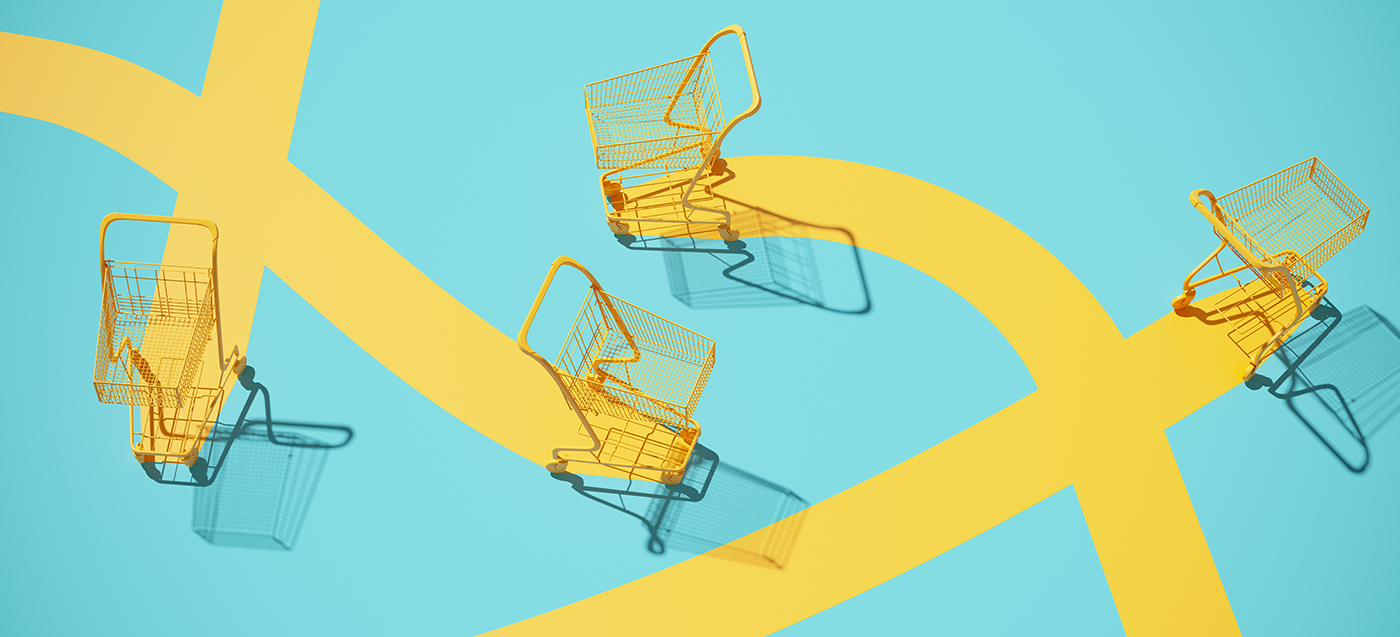Alışveriş ve süpermarket konsepti için minimum kompozisyon. Sarı alışveriş arabası arabası ve mavi zemin üzerine sarı yol. 3d render çizimi.