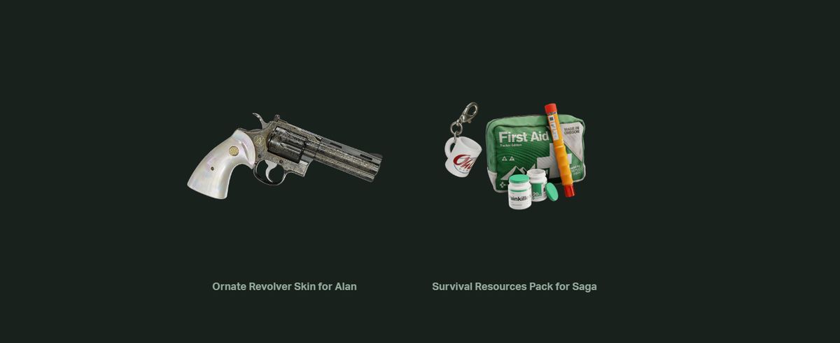 Pictures of Alan Wake 2 standard pre-order bonuses: The Ornate Revolver Skin, and Survival Resources Pack.