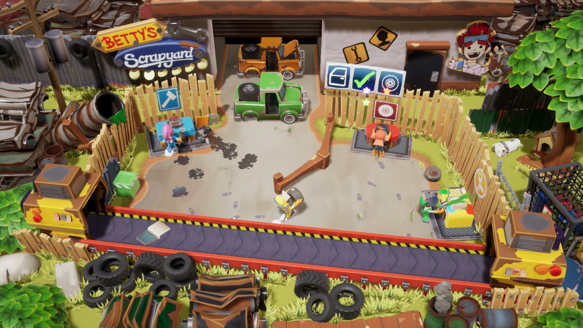 Chế độ xem trò chơi của Manic Mechanics; người chơi đang nhìn xuống một bãi phế liệu đầy màu sắc, nơi các nhân vật hoạt hình đang hối hả sửa chữa những chiếc ô tô bị bỏ đi