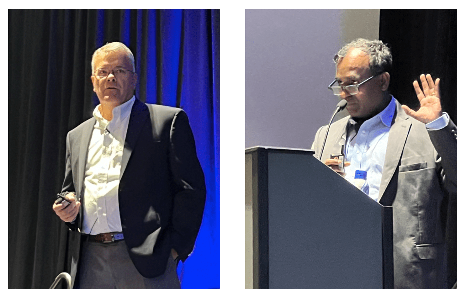 Left: Intel’s Brent Conran, corporate vice president and chief information security officer, calls for security collaboration throughout the semiconductor industry. Right: Kannan Perumal, Applied Materials’ CISO, at the Securing the Future for Semiconductor Manufacturing forum on Wednesday, July 12 at SEMICON West 2023. Source: Semiconductor Engineering / Susan Rambo