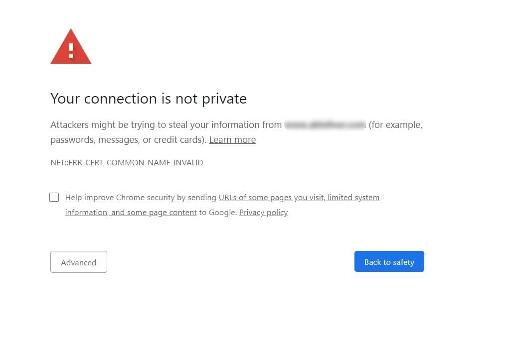 Warning for a website with certificate name mismatch
