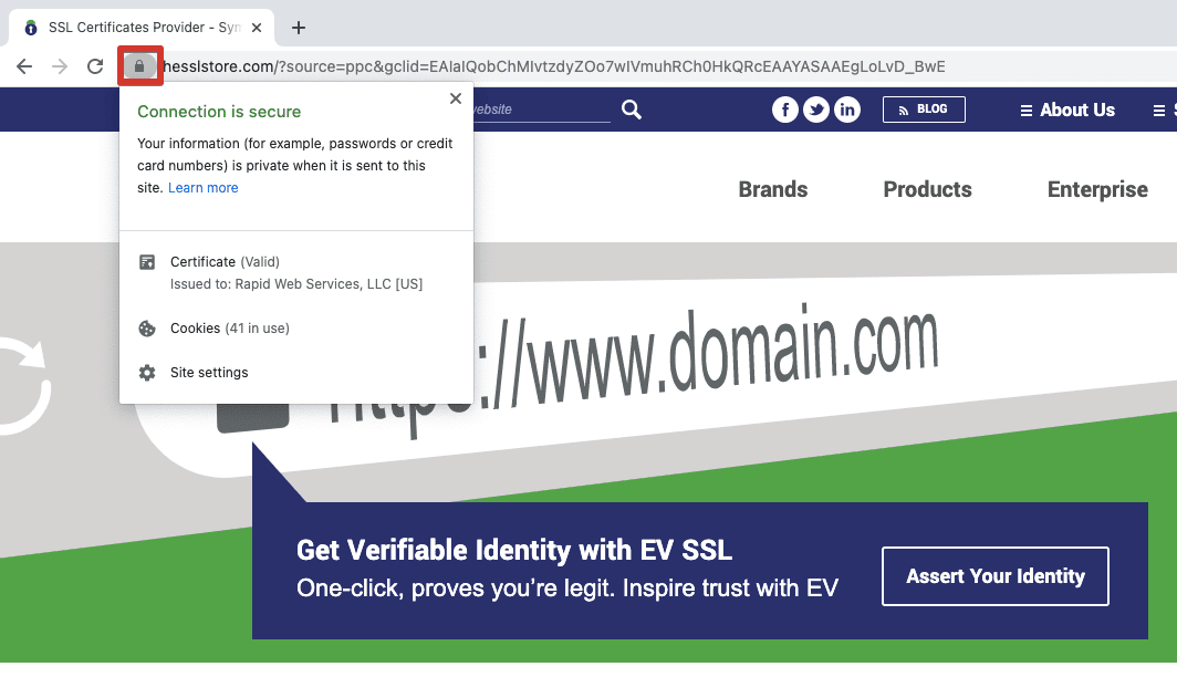 Certifikatinformation i webbläsaren Chrome