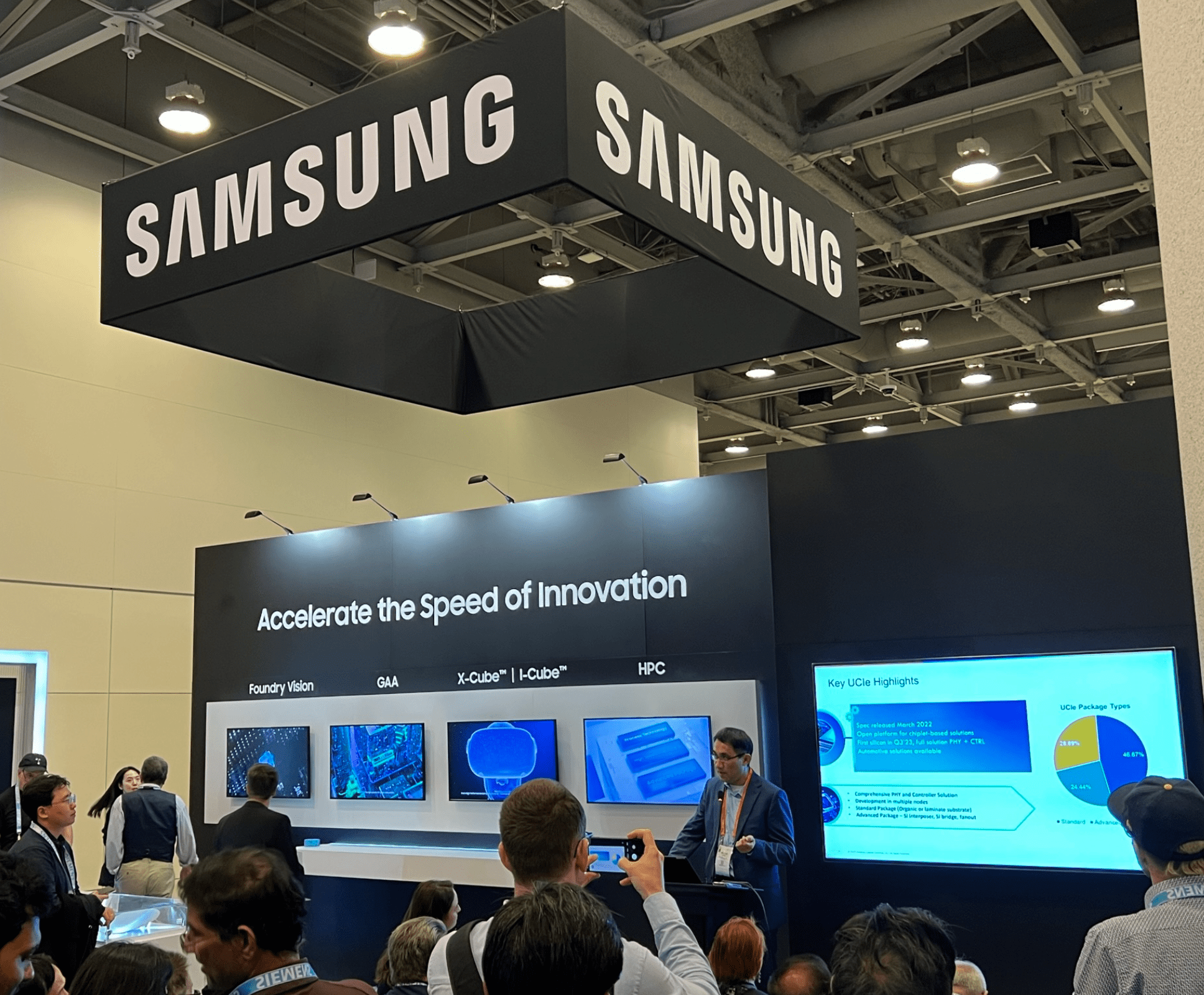 Cadence's William Chen speaking in the Samsung Semiconductor's booth at DAC 2023 in San Francisco on July 11. Source: Semiconductor Engineering / Susan Rambo
