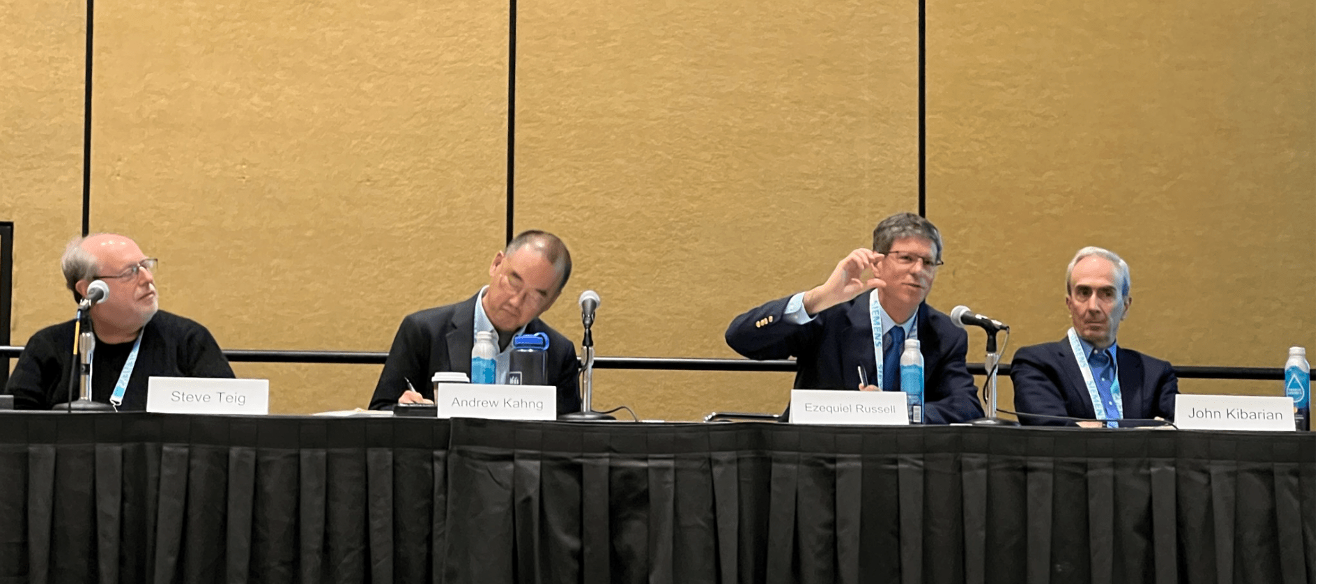 Above, left to right, Steve Kieg , CEO Perceive; Andrew Kahng, professor at UCSD; Ezequiel Russell, senior director of mask technology, Micron; John Kibarian, CEO, PDF Solutions; Aki Fujimura. D2S (not pictured) at the Curvy Design Panel at DAC 2023 on Tuesday, July 11.