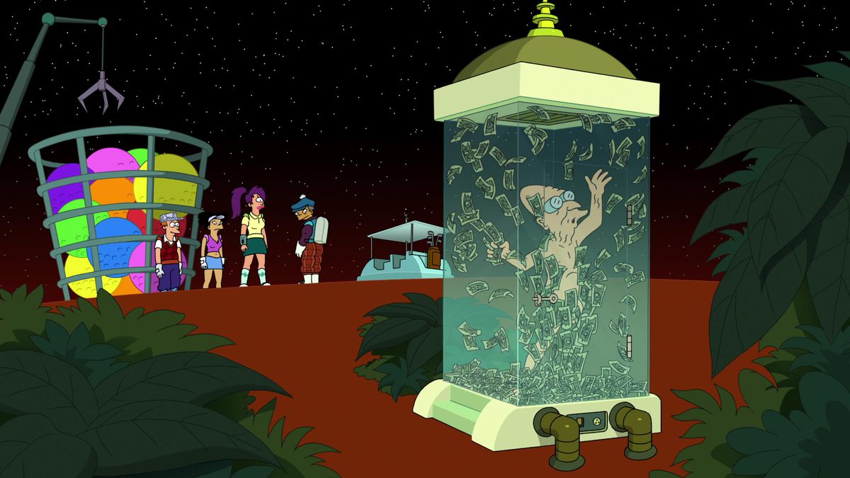 Professor Farnsworth stands in a glass case trying to grab money while some of his Futurama cast stare on from the background