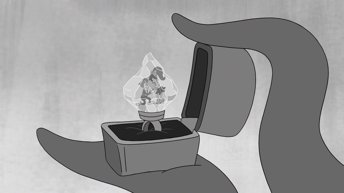 Bak midden in een aanzoek aan Leela, gevangen in een ijzige rots, vastgemaakt aan een ring in een ringdoos die wordt opengehouden door tentakels in een still uit Futurama's aflevering "Meanwhile"