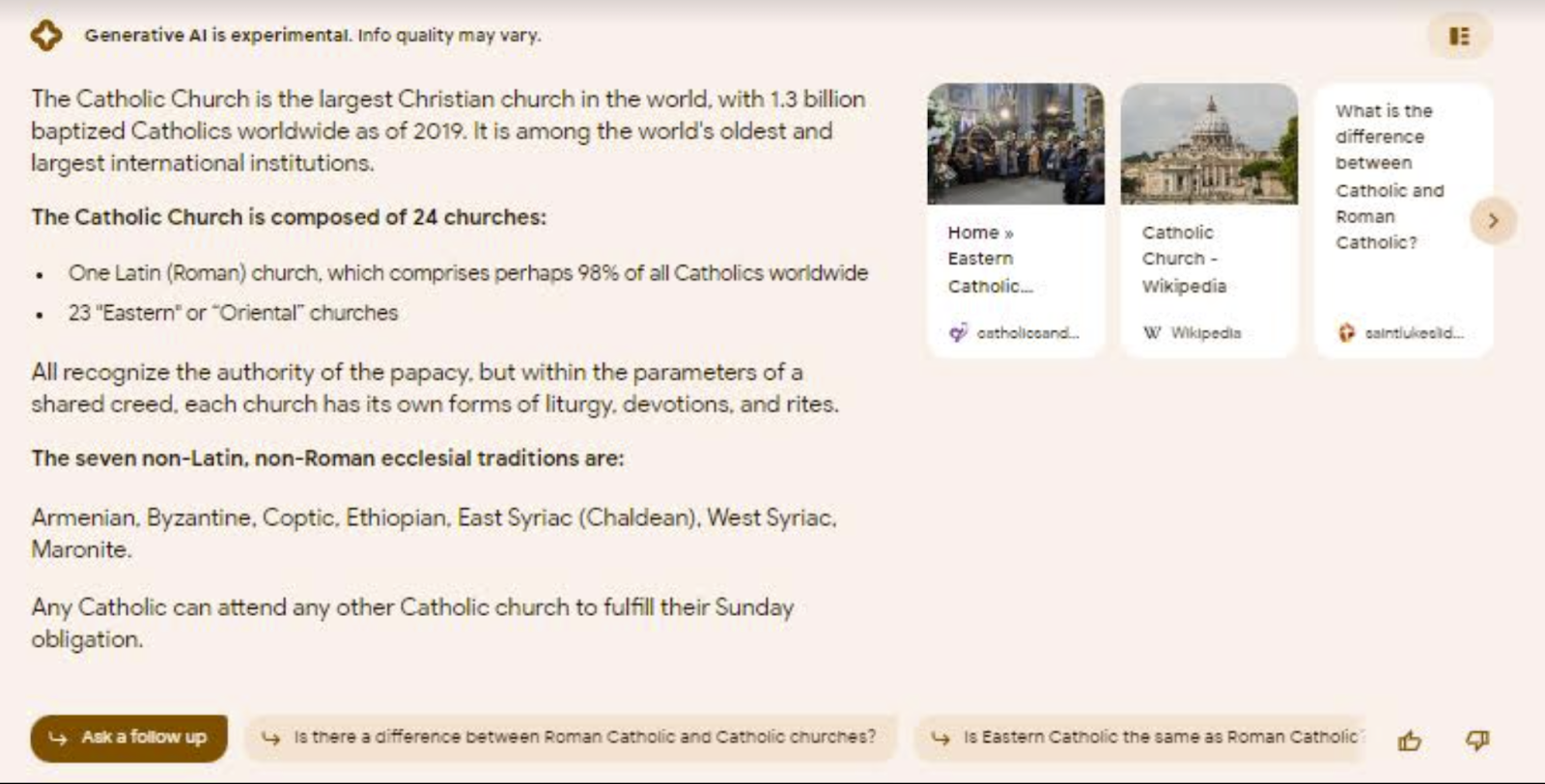 Resultado de SGE que muestra mucha información genérica sobre la iglesia católica además de un carrusel de enlaces para obtener más información y botones para incitar al usuario a hacer más preguntas.