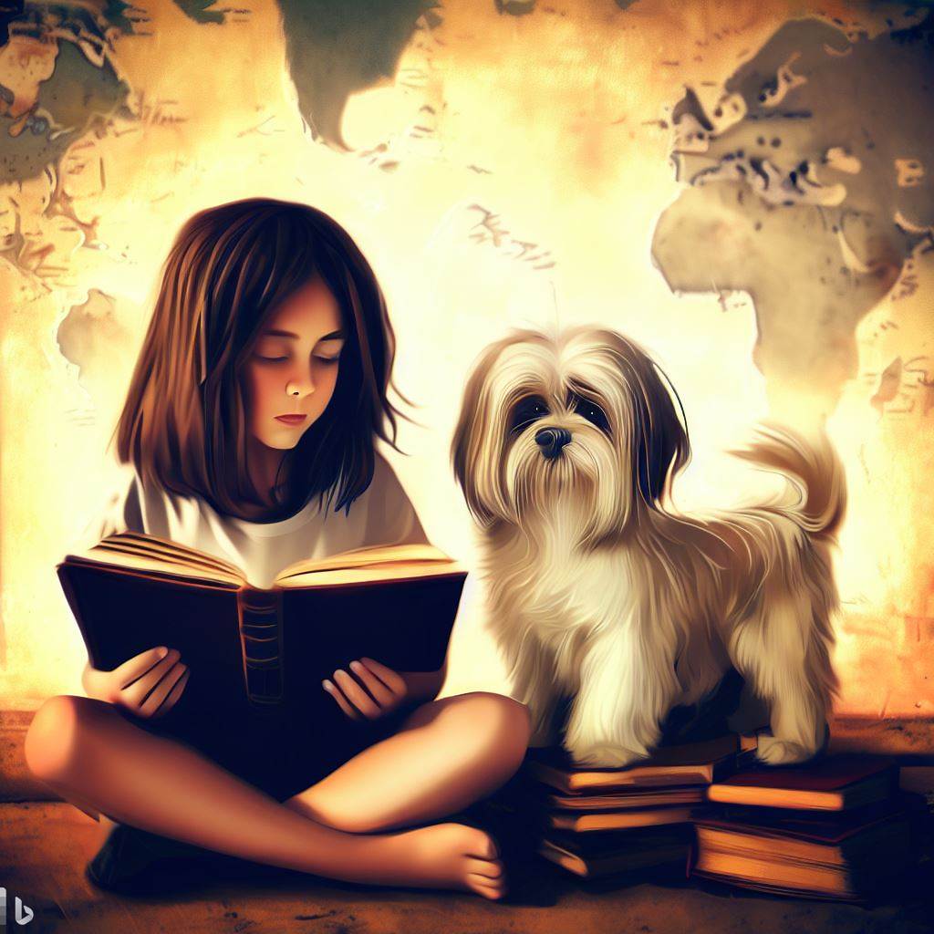 Image of a reading a book, with a dog next to her, before a world map.