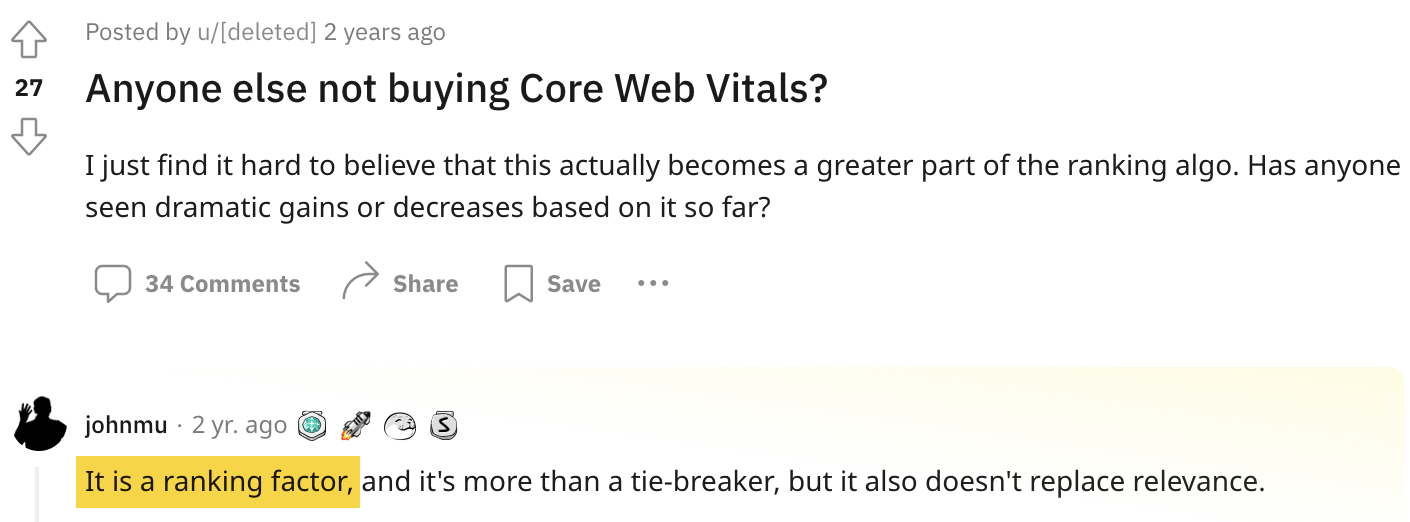 John Mueller confirms Core Web Vitals is a ranking factor, via Reddit 