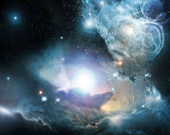 Impressão artística das primeiras estrelas e galáxias conforme elas reionizavam o universo
