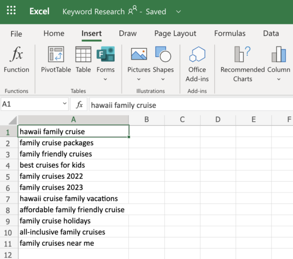 Un ejemplo de cómo se vería su hoja de investigación de palabras clave en Excel
