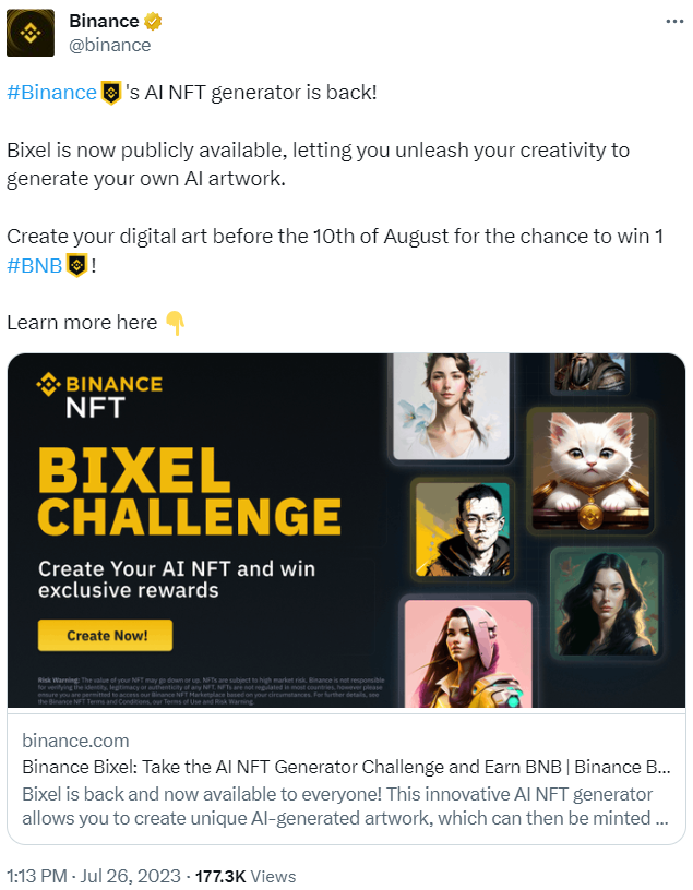 Captura de pantalla de Twitter de un anuncio de Binance Bixel NFT