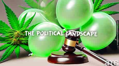 globos verdes hojas de cannabis y mazo de juez