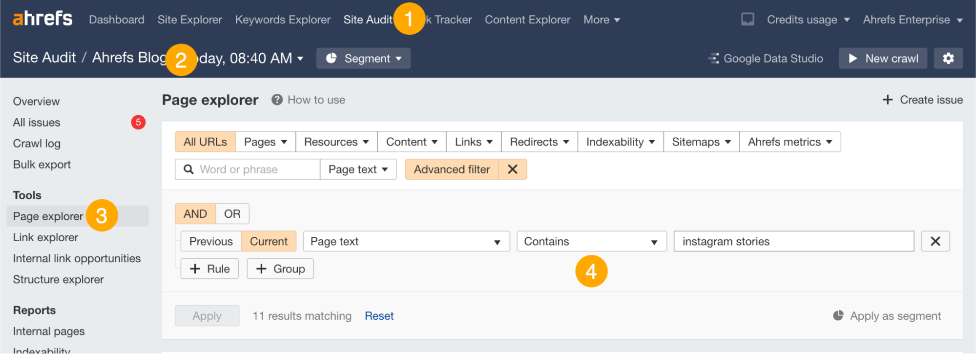 Find a relevant place for your link with Page Explorer, via Ahrefs' Site Audit 