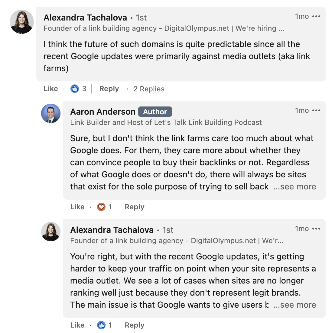 Interaktion mellan Alexandra Tachalova och Aaron Anderson i LinkedIn-kommentarer