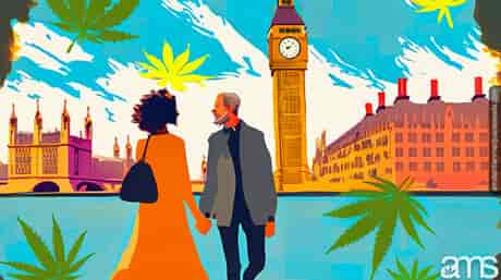 casal andando em Londres com folhas de maconha