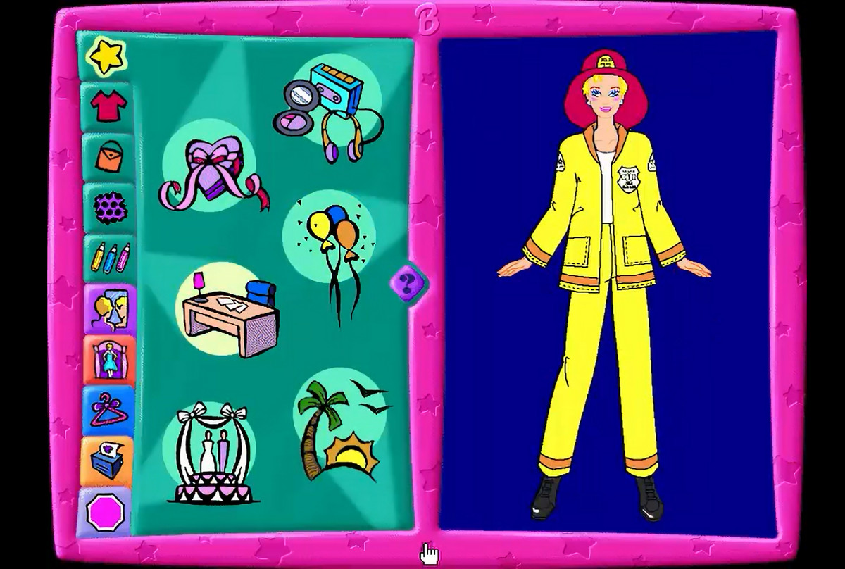 Interface de usuário do designer de moda da Barbie, com a Barbie vestindo um uniforme de combate a incêndio
